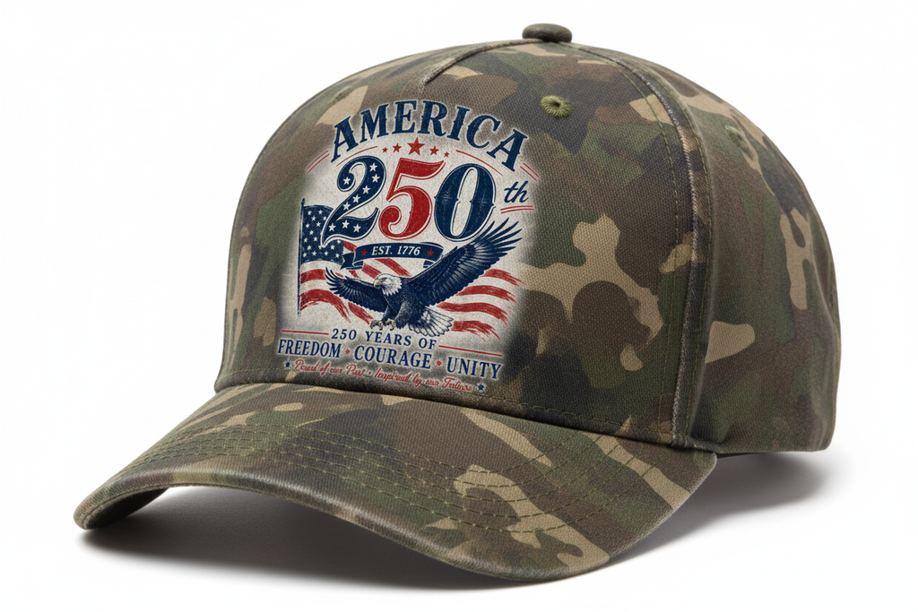 Camouflage Hat with America 250th Est. 1776 graphic