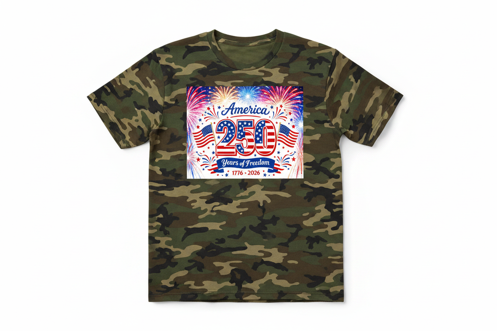 Camouflage T-Shirt with America 250 Years of Freedom 1776-2026 graphic version 2