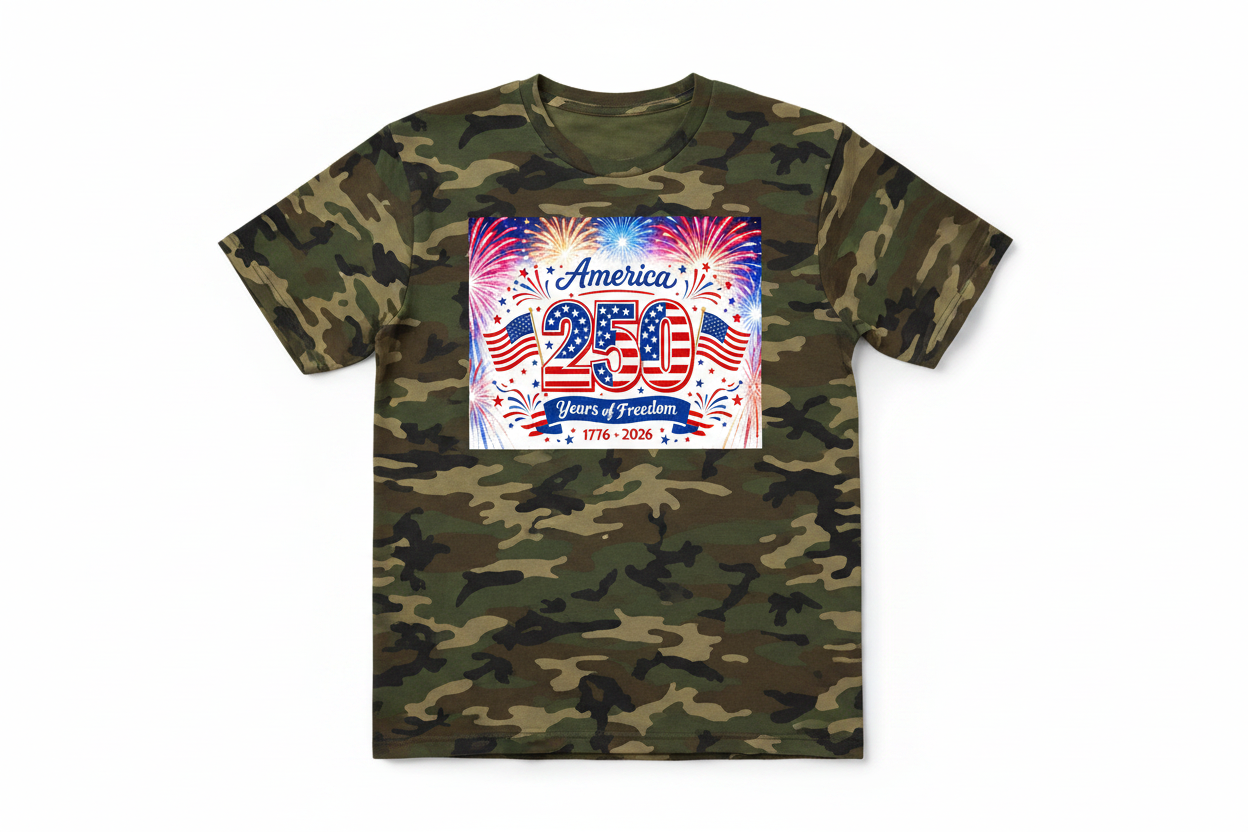 Camouflage T-Shirt with America 250 Years of Freedom 1776-2026 graphic version 2