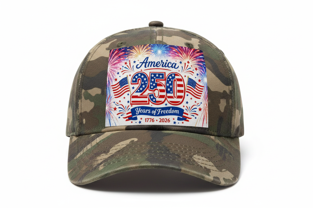 Camouflage Hat with America 250 Years of Freedom 1776-2026 graphic version 2