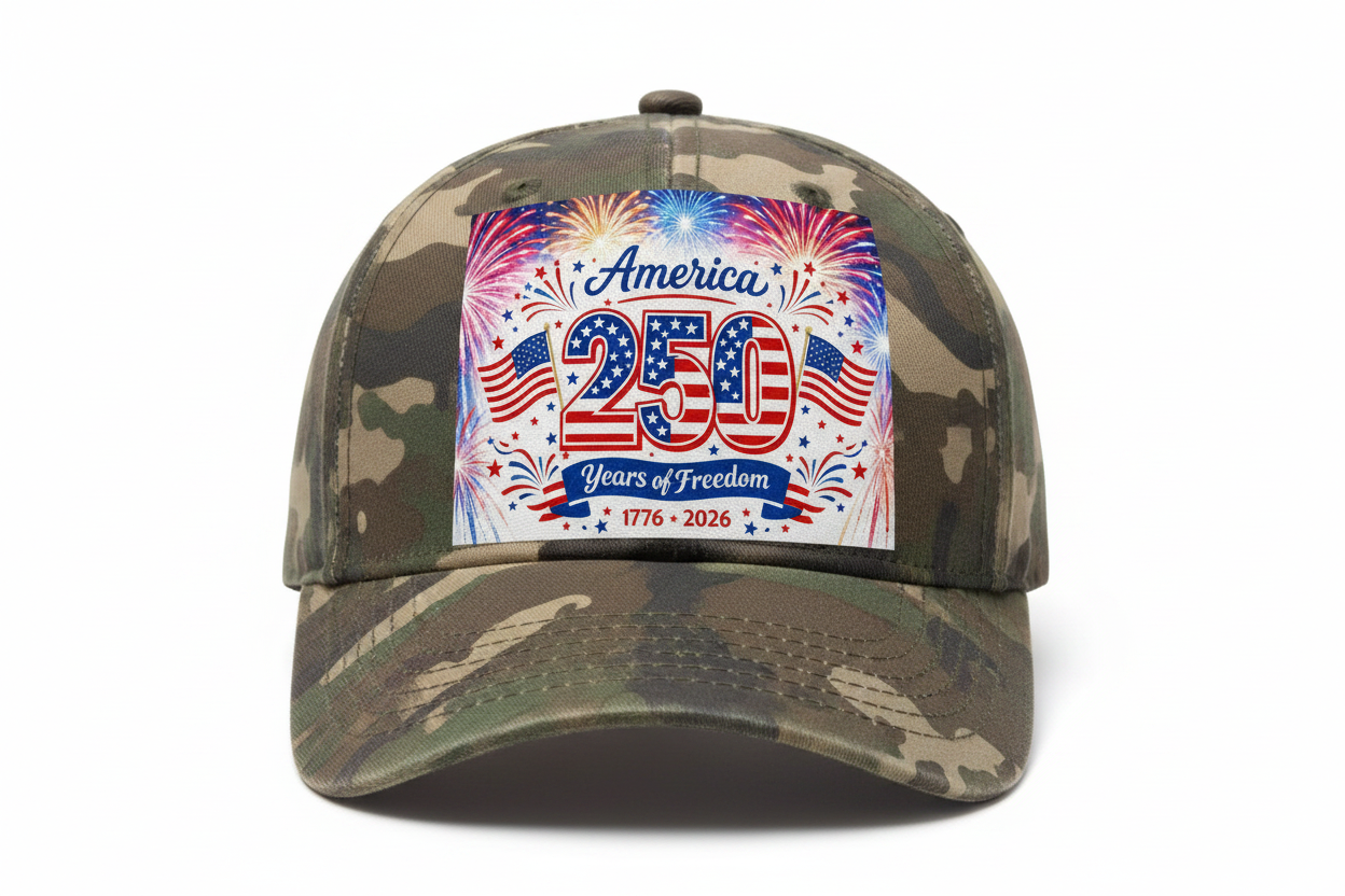 Camouflage Hat with America 250 Years of Freedom 1776-2026 graphic version 2