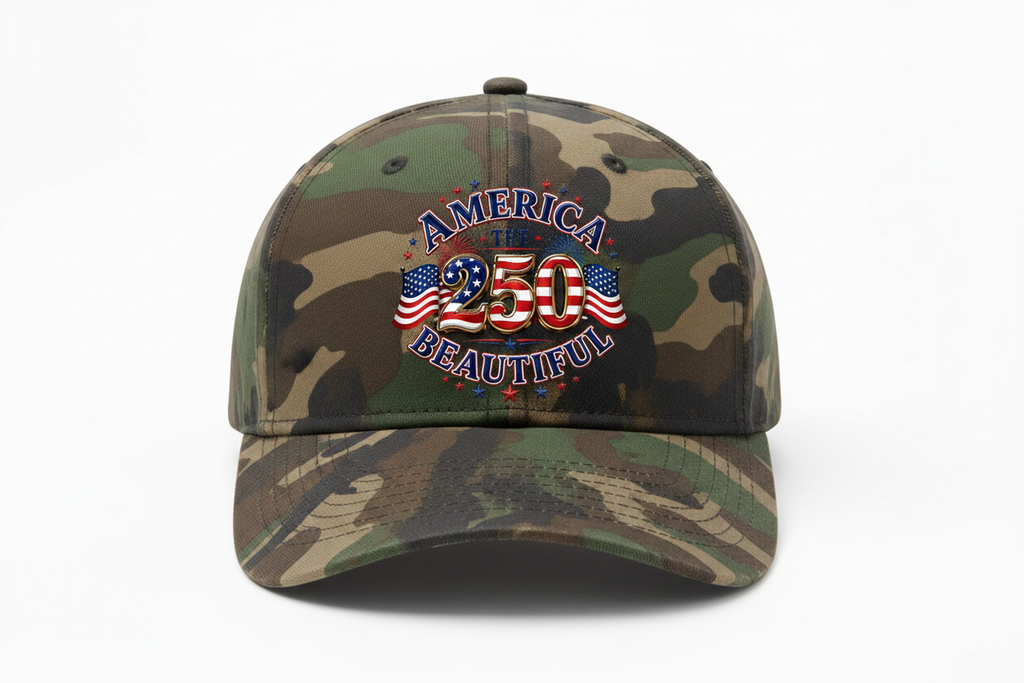 Camouflage Hat with America the Beautiful 250 graphic