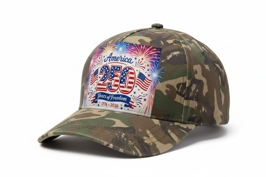 Camouflage Hat with America 250 Years of Freedom 1776-2026 graphic